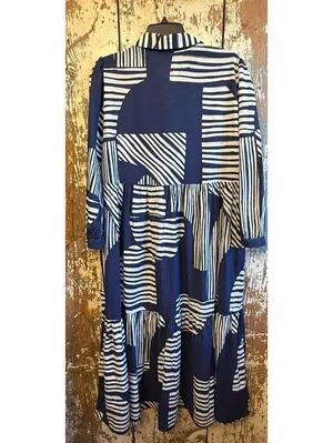 ZARA Blue & White Striped maxi Tiered Button-Up shirt Dress large thumbnail 6