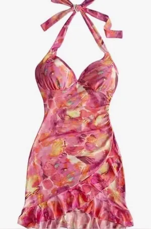 NEW Watercolor Halter Backless Ruffle Trim Bodycon Mini Dress S thumbnail 1