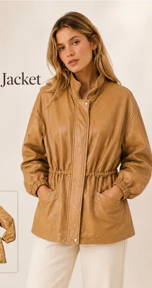 Damselle Nordstrom‎ Drawstring Waist Leather Jacket Tan Size M thumbnail 1