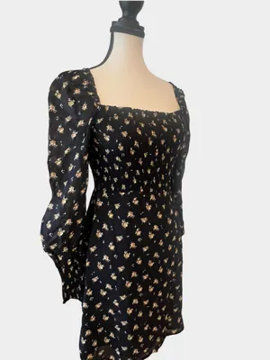 Maje Rithik Black Camel Floral Smocked Mini Dress Size 36 US 4 Small thumbnail 2