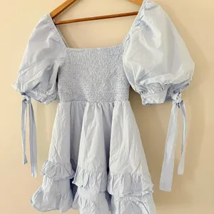 Showpo Chelle Shirred Mini Dress Tie Sleeve 8 Ice Blue Smocked Ruffle Cotton thumbnail 3