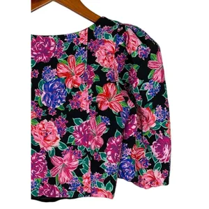 NWT ZARA Floral Cropped Top Plunging Neck Puff Half Sleeves S Black Pink Purple thumbnail 7