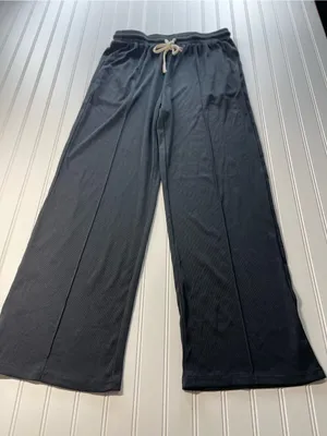 Boutique Black Ribbed Wide Leg Lounge Pants‎ Elastic Drawstring Athleisure Large thumbnail 2