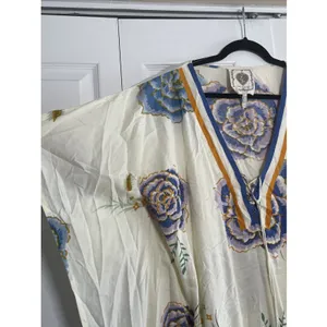 ZL Made With Love Floral Kaftan Top Womens OS Cream Blue Boho Tassel Rayon OS thumbnail 2