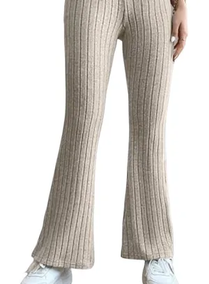Source Unknown Khaki High Waisted Wide Ribbed Pull On Flare Legging Stretch Pants Womens Small thumbnail 1
