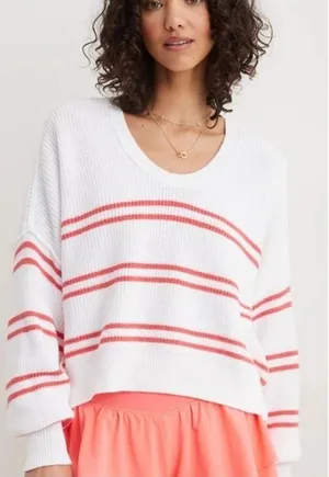 Aerie Beyond Cropped Sweater‎ Women Small White Pink Stripe Cotton Boxy Slouchy thumbnail 1
