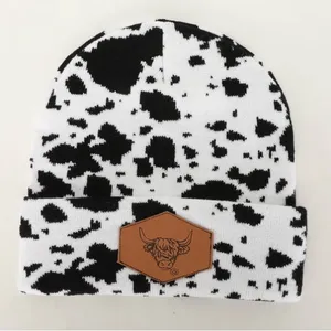 Boutique Cow Print Beanie Western Boho Knit Hat Black White thumbnail 1
