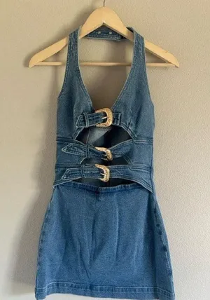 Nwt Halter Neck Denim Dress Buckle Details Commense M thumbnail 2