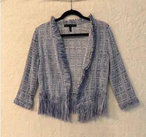 White House Black Market Blue Textured Fringe Open‎ Front Cardigan Medium thumbnail 1