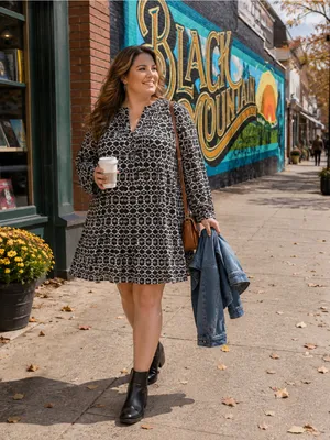 Old Navy XXL Black White Geometric Swing Dress Long Sleeve V Neck Rayon thumbnail 2