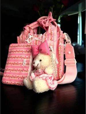 Madden Girl Floral Stripe Mini Tote Teddy Bear Charm Pink Coquette NWT thumbnail 11