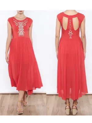 Free People cotton boho Meadows Toosaloosa Slub gauzy embroidered dress coral SZ thumbnail 10