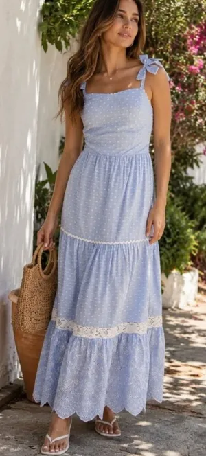 Shabby Chic Maxi Dress‎ Size 12 Blue White Striped Eyelet Lace NWT Cottagecore thumbnail 1
