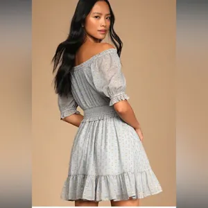 NWT Lulu’s Touch of Glam Dusty‎ Blue Dotted Off-the-Shoulder Mini Dress size L thumbnail 4