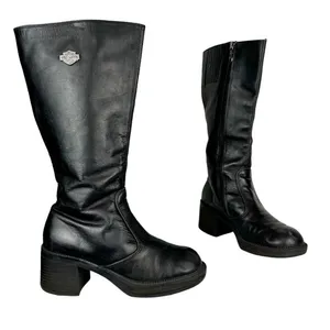Vtg Y2K Harley Davidson Black Leather Tall Pavement Boots Sz 7.5 Chunky Moto thumbnail 1