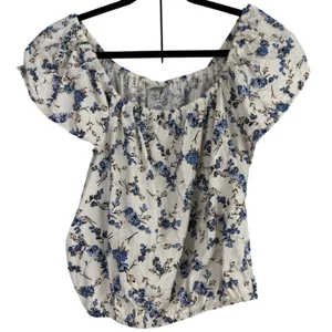 A New Day Blue Porcelain‎ Floral Off The Shoulder Blouse Short Sleeve Medium thumbnail 1