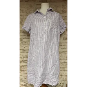 Garnet Hill Suns Out linen relaxed popover shirt dress striped purple Medium thumbnail 2