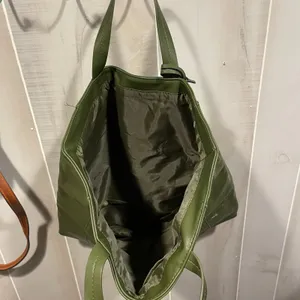 Cute olive stripe boujee Saks vegan leather shopper tote floral bag tag thumbnail 7