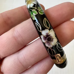 Vintage Cloisonné Black Floral Bangle Bracelet Womens Estate Jewelry Boho thumbnail 7