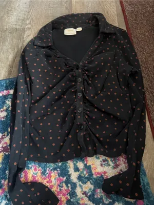 Maeve Anthropologie Ruched Button Front Top XL Black Tan Polka Dot Stretch thumbnail 12