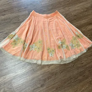 Citrine Midi Skirt Mesh Overlay Burlap-Like Leaf Applique Blue Beads Sequins 14 thumbnail 3