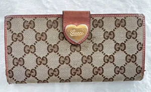 Gucci Vintage Pink Brown & Beige Monogram Canvas Heart Snap Wallet thumbnail 1