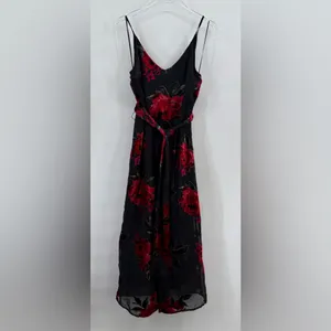 Anthropologie Ettwa Burnout Velvet Jumpsuit Black Red Floral Wide Leg‎ small thumbnail 4