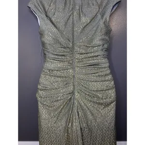 Maggy London Dress Womens 4 Gold Metallic Chevron Ruched V Neck Sheath Midi thumbnail 8