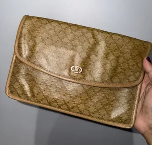 Celine Macadam Canvas Tan Fold Over Clutch Bag Vintage Snap Close T thumbnail 1
