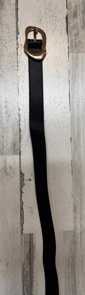 Classic Black Faux Leather Skinny Belt Gold Oval Horseshoe Buckle Womens One Siz thumbnail 1