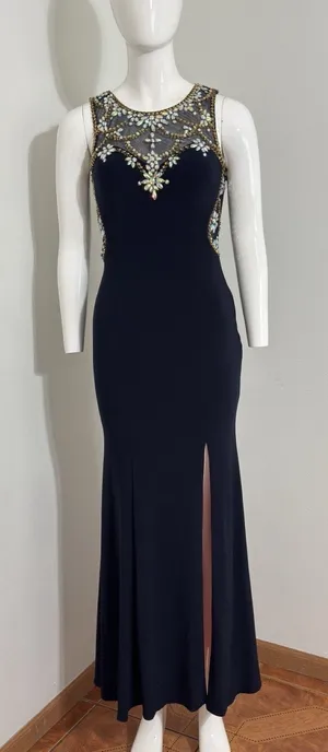 Betsy & Adam Maxi Dress Black Mesh Beaded Rhinestone Gown Sleeveless Crew Neck 2 thumbnail 1