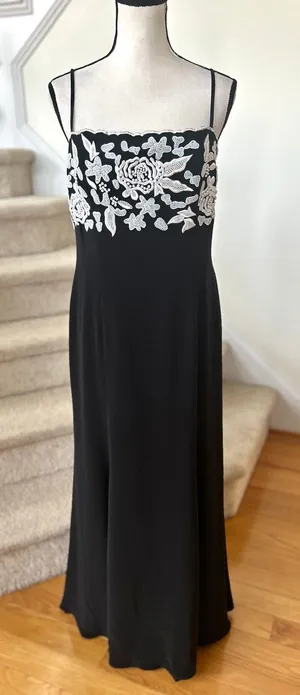 Vintage Y2K 90s Black & White Rose Floral Beaded Maxi Gown Whimsygoth Romantic thumbnail 1