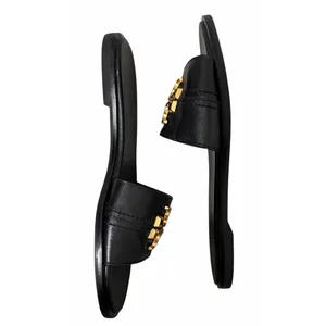 Tory Burch Everly‎ Calf Leather Gold Logo Slide Sandals Black Women's Size 7M thumbnail 7