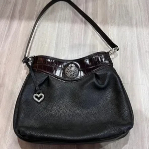 Brighton Black & Brown Leather Handbag Shoulder Bag Croc Trim Heart Charm Medium thumbnail 1