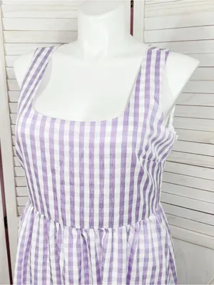DKNY Gingham Check Square Neck Midi Dress Purple White 12 Cottagecore Sleeveless thumbnail 5