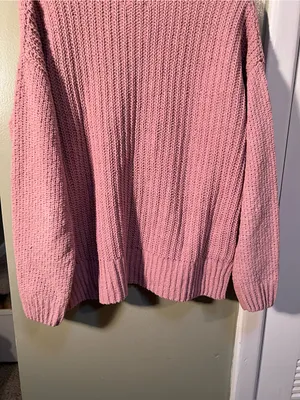 SO Womens Size Large Crewneck Sweater Chenille Light Pink Cable Knit Balloon Slv thumbnail 8