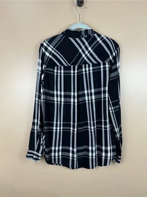 Lucky Brand Womens Black Plaid Button Front Blouse Black White Gray M Y2K Grunge thumbnail 9