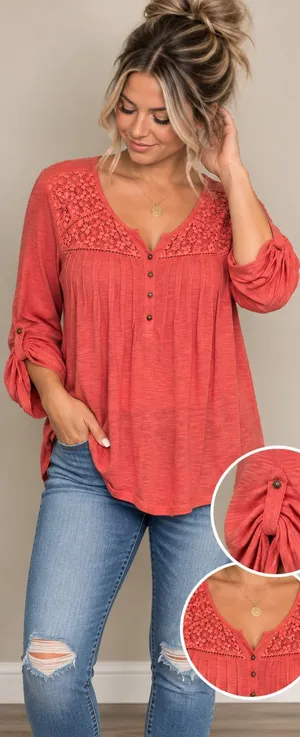 Gloria Vanderbilt Zuri Roll Up Sleeve Blouse Size L Coral Pink Crochet thumbnail 1