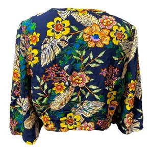New Look Floral Tie-Front Crop Top Boho Kimono Sleeve Navy Multicolor Size M thumbnail 3