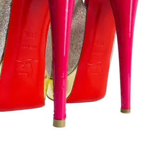 Christian Louboutin Lady Peep Slingback Glitter Pumps Platine Gold Pink Red 36.5 thumbnail 12