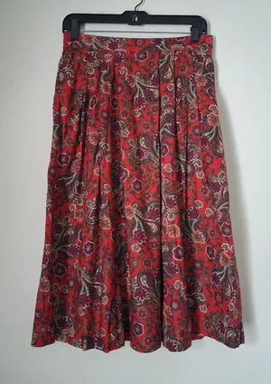 VTG Leslie Fay Red Paisley Floral A-Line Midi Pleated Skirt Cottagecore Feminin thumbnail 1