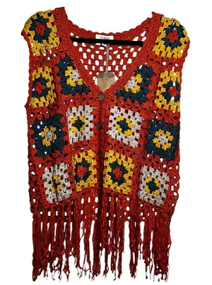 UMGEE Orange Crocheted Squares Sleeveless Cardigan‎ Large Grannycore Boho Fringe thumbnail 1