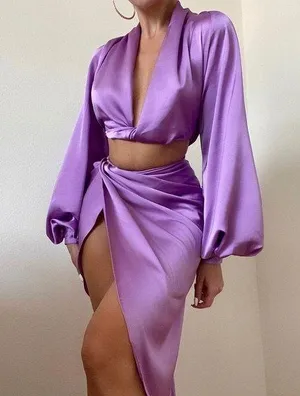 House Of CB CONSTANCE LILAC SILKY SATIN DRAPED SKIRT thumbnail 4