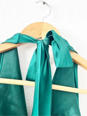 Revelry Amaya Emerald Green Satin Halter Open Back High Slit Formal Gown thumbnail 11