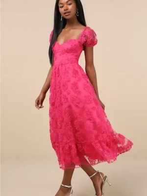 Lulu's Fuchsia Lace Midi Dress with Puff Sleeves thumbnail 3