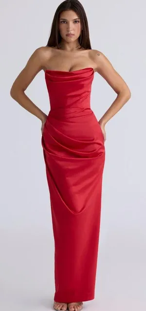 House of CB ADRIENNE Scarlet Satin Strapless Gown in red thumbnail 1