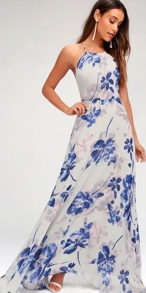 NWT Lulus All I Need Floral Print Lace-Up Maxi‎ Dress in Grey Size XS thumbnail 1