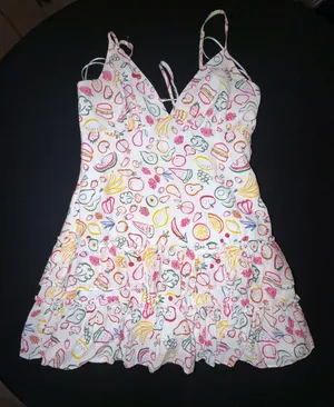AQUA Bloomingdale’s Fruit Print Tiered Mini Dress Lace Up Back M thumbnail 1