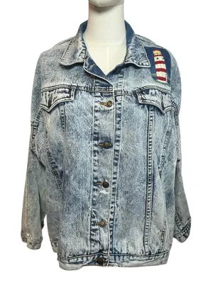 VTG 90s Ocean Denim Acid Wash Lighthouse Jacket Scenic Art Oversized XL thumbnail 1