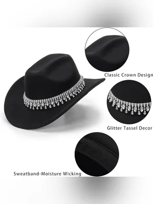 NEW Glitter Silver Black Cowboy Hats Women Western Rhinestone Cowgirl Hat thumbnail 4